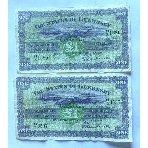 125 - British Banknotes, The States of Guernsey, One Pound, 15K 1380 & 15L 3537 dated 1956, Treasurer L.Gu... 