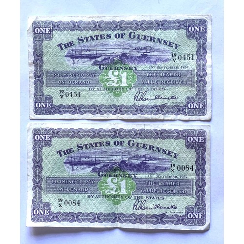 126 - British Banknotes, The States of Guernsey, One Pound, 19V 0451 & 19X 0084 dated 1957, Treasurer L.Gu... 