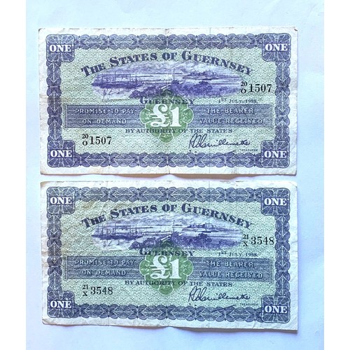 127 - British Banknotes, The States of Guernsey, One Pound, 20O 1507 & 21X 3548 dated 1958, Treasurer L.Gu... 