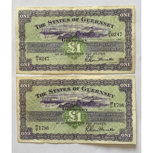 129 - British Banknotes, The States of Guernsey, One Pound, 27T 0247 & 27U 1796 dated 1961, Treasurer L.Gu... 