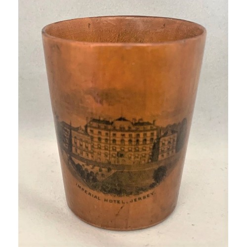 132 - Victorian Mauchline ware beaker, with transfer of the Imperial Hotel Jersey, 7cm high, together with... 
