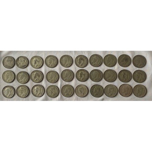 136 - Thirty pre-1947 British Half Crown coins, weight 418 gms. (30).