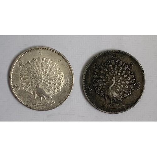 111 - Burma silver Rupees, two dated 1852.