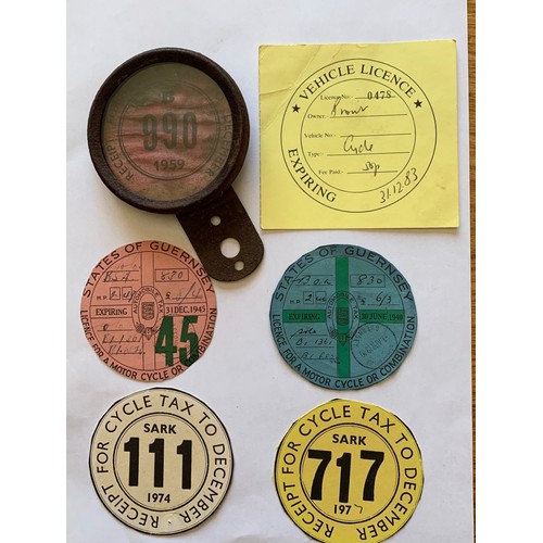 142 - Guernsey Bicycle tax disc in holder, 1945 Guernsey Motorcycle Tax Disc, Sark Bicycle Tax Discs etc. ... 