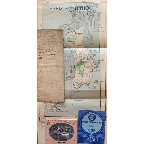 212 - Ancient Guernsey Document, Sark Toplis print, scrap book and other ephemera.