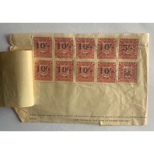 96 - Part St Peter Port Garage Guernsey receipt with various Revenue and a sale Tax stamp dated 1947.