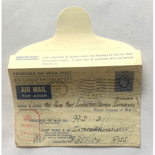 97 - KG VI 2 1/2p Prisoner Of War Post Air Letter,  Kriegsgefangenenpost to Biberach Internment Camp, pos... 