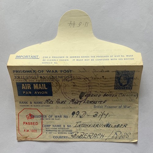 98 - KG VI 2 1/2p Prisoner Of War Post Air Letter,  Kriegsgefangenenpost to Biberach Internment Camp, wri... 