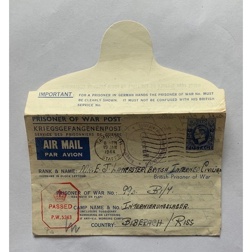 99 - KG VI 2 1/2p Prisoner Of War Post Air Letter,  Kriegsgefangenenpost to Biberach Internment Camp, pos... 