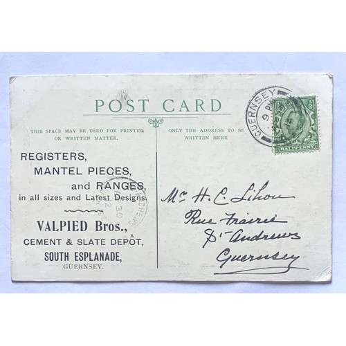 111 - Printed advertising postcard, Showroom, Valpied Bros. Guernsey posted 1912, with St Andrews Guernsey... 
