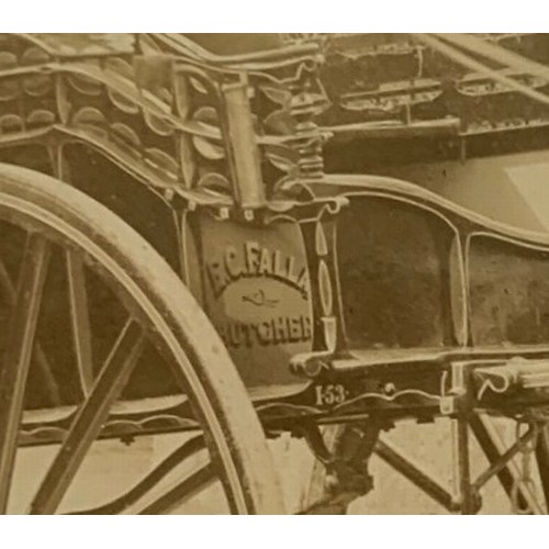116 - Real photographic Guernsey postcard, horse drawn delivery trap with advertising sign E.C.Falla Butch... 