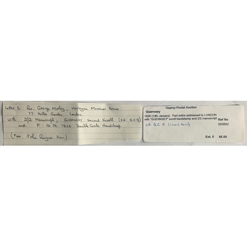145 - 1828 letter from Guernsey to London with 2/2 ink manuscript, Guernsey scroll and double circle hands... 