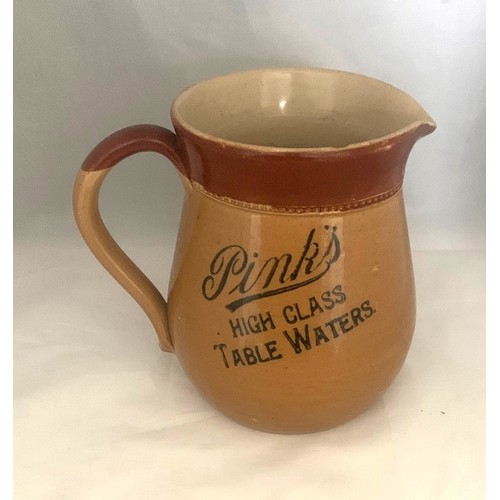 37 - A two tone pub water jug by Price, Pink's High Class Table Waters, small chip to rim, 14cm high.