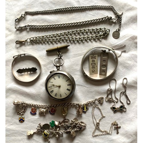 62 - A silver pocket watch, two silver bangles, two charm bracelets, pendants etc. combined weight 348 gr... 