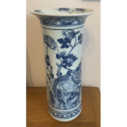 53 - Large Chinese blue and white vase with flared rim, painted with birds, flowers and leaves, 44cm high... 