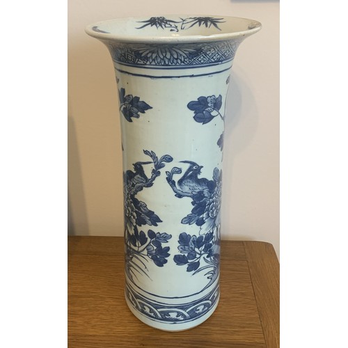 53 - Large Chinese blue and white vase with flared rim, painted with birds, flowers and leaves, 44cm high... 