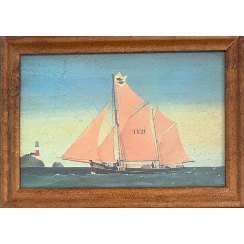 16 - A Maritime interest picture in walnut frame, Schooner off a lighthouse, 25 x 37cm.