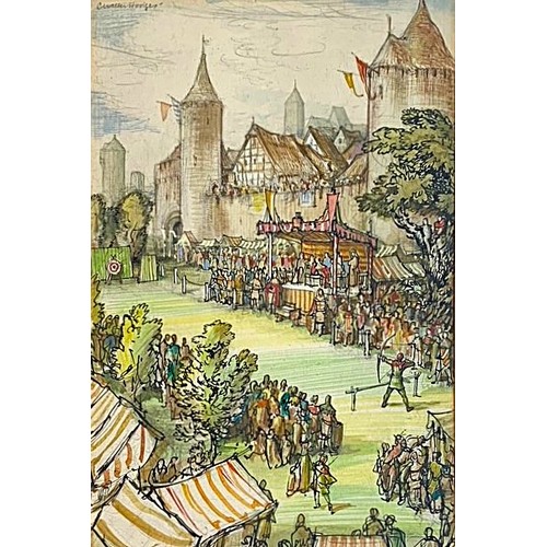 28 - Cyril Walter Hodges (British 1909-2004) Medieval Archery tournament, watercolour, signed in pencil t... 