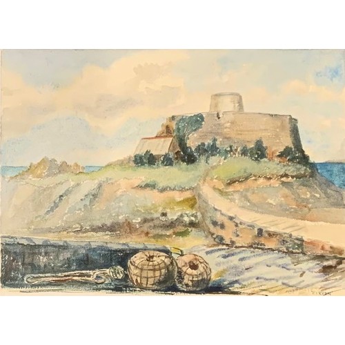 89 - P.Ryan (Guernsey 20th century) Fort Grey Guernsey with fishermen's pots in the foreground, 21 x 29cm... 