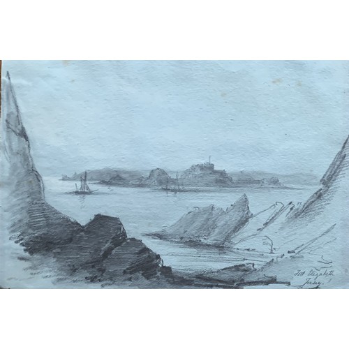 71 - Jersey School, 20th century, Fort Elizabeth Jersey, St Clements Bay, St Aubin's Bay, pencil and wate... 