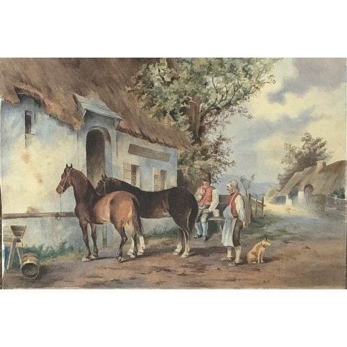 98 - English School 19th century, The Squire's horses, watercolour, 28 x 41cm.