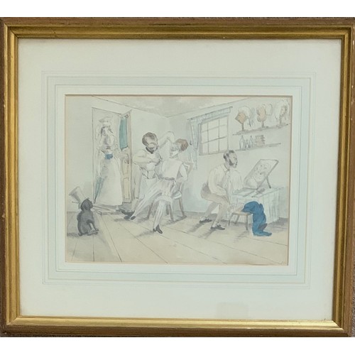 102 - Follower of Thomas Rowlandson (British 1757-1827) Interior of a Hair Dressing Salon, watercolour, in... 