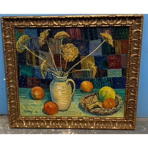 100 - John Livesey (British 1936-1990) Still Life of Flowers and Fruit, oil on board, signed and dated, la... 