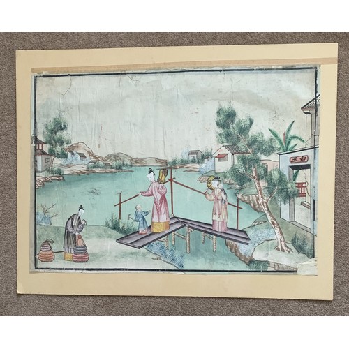 128 - Chinese School, 19th century, Figures at a river jetty, watercolour, 42 x 60.5cm.