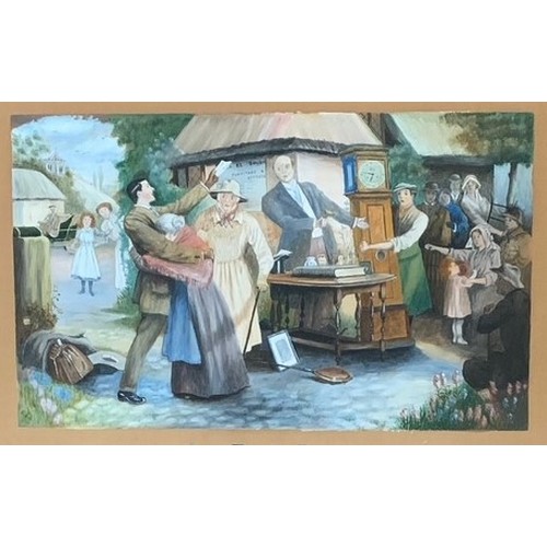 160 - English School 20th century, The Auctioneer, watercolour, indistinctly signed lower left, 23 x 38cm.