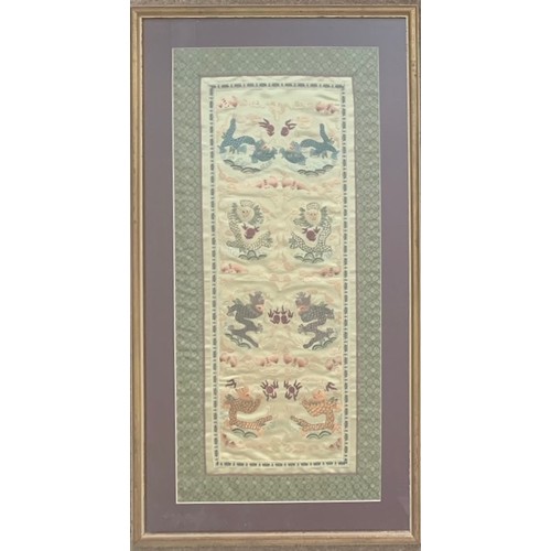 174 - Framed Oriental silkwork panel, 68 x 30cm.