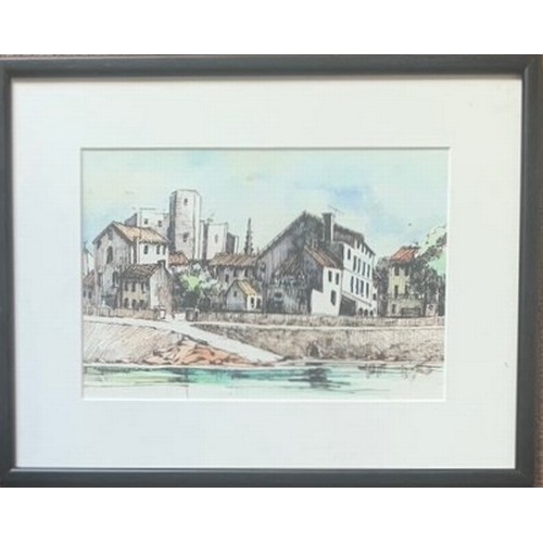 175 - Larry Ham, 20th century, Buildings Riverside Arles, watercolour and ink, 16 x 23cm. * Provenance - C... 