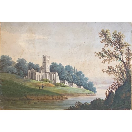 176 - English School, early 19th century, Abbey on a river bank, watercolour, 11.5 x 16.5cm.