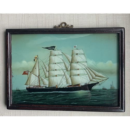 179 - Framed Maritime picture, possibly on glass, A three-masted Barque 17 x 25cm.