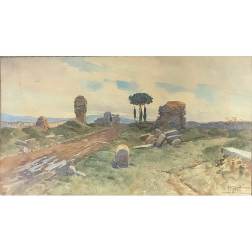 191 - Fillipo Anivetti (Italian 1876-1955) Roman ruins on a country track, watercolour signed lower right,... 