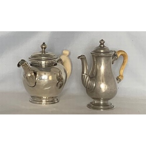 9 - A miniature white metal teapot with bone handle, together with a miniature white metal coffee pot wi... 