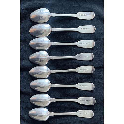 7 - A set of eight William IV Irish silver fiddle pattern teaspoons, by James Brady Dublin 1815 also sta... 