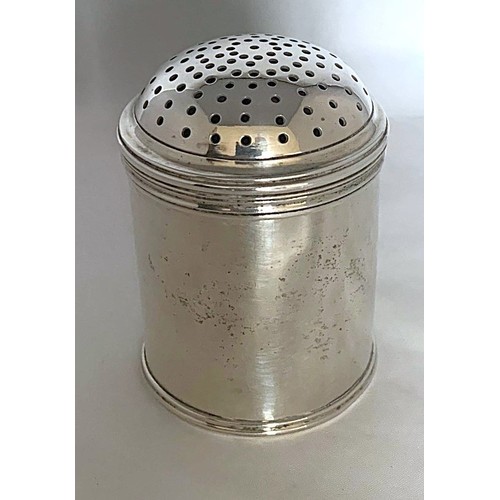 35 - A George III silver pounce pot, by William Lestourgeon London 1761, of cylindrical form with pull of... 