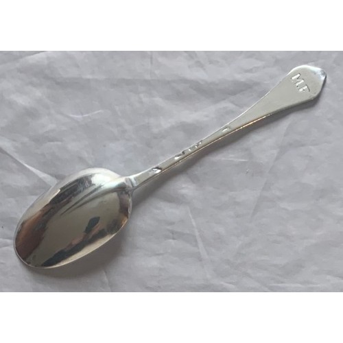 77 - Silver dog nose spoon, hallmarks indistinct, with rat tail to bowl and scratch engraved initial MF t... 