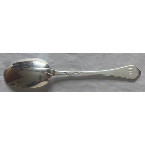 77 - Silver dog nose spoon, hallmarks indistinct, with rat tail to bowl and scratch engraved initial MF t... 