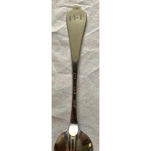 90 - A silver Dog Nose spoon with rat-tail to bowl and scratch engraved initials MP to back of terminal, ... 