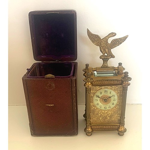 56 - Victorian travelling gilt brass five glass carriage clock with case, the dial inscribed Bachmann Gue... 