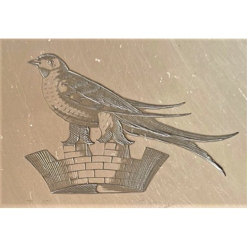 7 - Circular silver plated tray early 20th century, the centre engraved with a bird standing on a castel... 