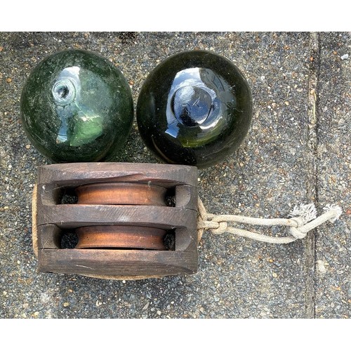 17 - Two glass fishing floats, Maritime wooden pulley block (3).