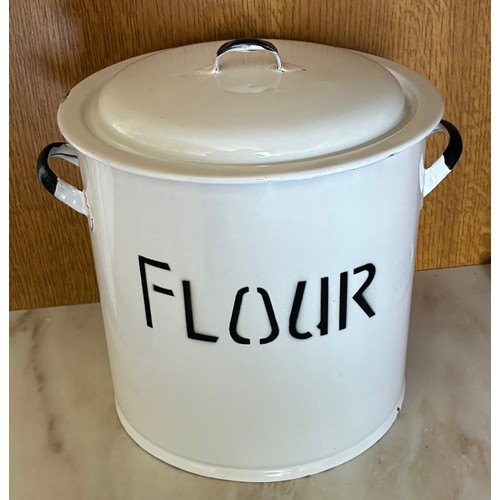 19 - Vintage enamel FLOUR bin with lid, 22cm high.