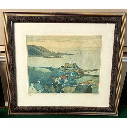 34 - Maria Burgess Whinney (British 1914-1995) Fort Grey Guernsey, coloured etching, signed with initials... 
