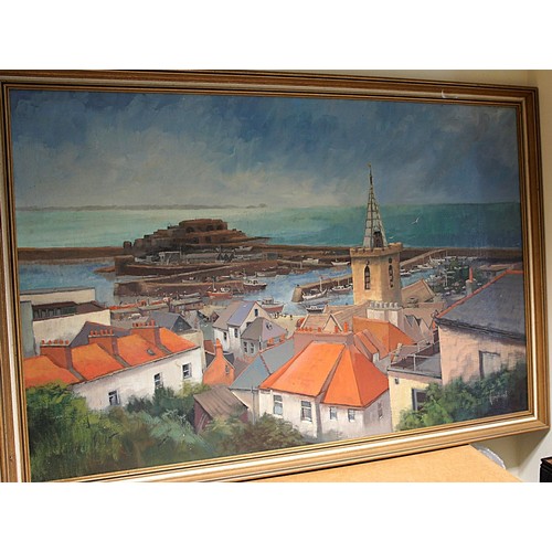 36 - P. Humphries (Contemporary) Rooftops, St Peter Port Guernsey, oil on board, 70 x 104cm.