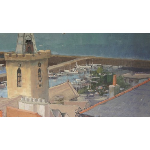 36 - P. Humphries (Contemporary) Rooftops, St Peter Port Guernsey, oil on board, 70 x 104cm.
