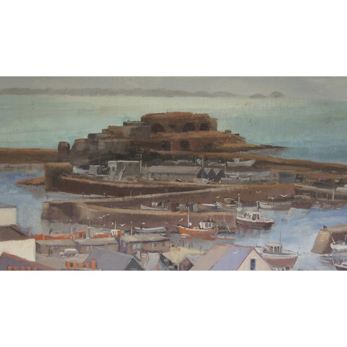 36 - P. Humphries (Contemporary) Rooftops, St Peter Port Guernsey, oil on board, 70 x 104cm.