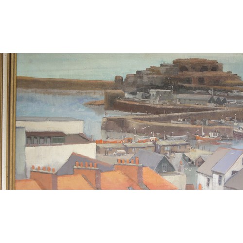 36 - P. Humphries (Contemporary) Rooftops, St Peter Port Guernsey, oil on board, 70 x 104cm.