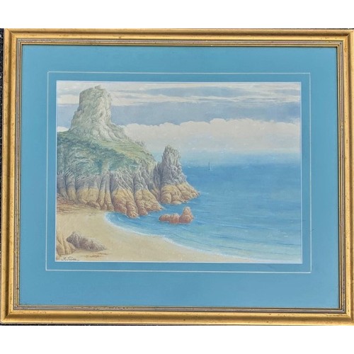 40 - Randall Vogan (French 19th century) Cannon Rock in Petit Port Bay Guernsey, watercolour, signed and ... 